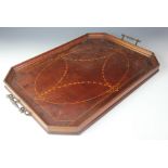 An Edwardian mahogany and inlaid serving tray, with twin brass handles,