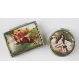 A white metal pill box inset with a hunting scene stamped '925', 3.