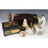 A selection of oriental wares to include a lacquered jewellery box with a compartmented interior