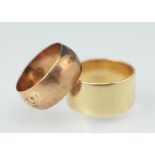 A 9ct rose gold wedding band, weight 3.3gms and a yellow metal band, unmarked, weight 4.