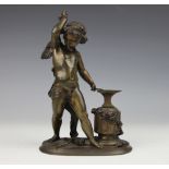 After Jean Jules Salmson, a 19th century bronze figure of cupid forging arrows at an anvil,
