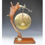 A Victorian silver plate mounted antler dinner gong, on golden oak base,
