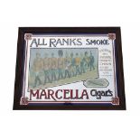 A Marcella Cigars 'All Ranks Smoke' mirror advertising sign, in stained wood frame, 53.
