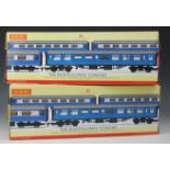 Two Hornby R4310 The Blue Pullman OO gauge three pack coaches, No's 1657,
