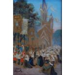 Follower of Theophile Louis Deyrolle, Three oils on canvas, Procession outside a church,