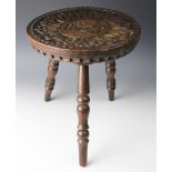 A Shropshire made carved oak stool, indistinctly named from Greehill Bank, Ellesmere, Salop,