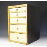 A Victorian painted pine rustic table top chest, with five graduated drawers,