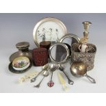 A selection of silver and objects of virtue to include a Chinese cinnabar lacquered inro,