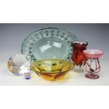 A Perthshire glass paper weight, 5cm, with a glass vase, a Makora Krosno glass pedestal dish,