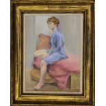 English School (20th century), Oil on board, Girl seated on a day bed,
