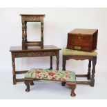 A Victorian walnut stationery box, 25cm H x 31cm W, with an oak stool,