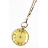 An 18K fob watch circa 1890, the open face fob watch with gilt dial and black Roman numerals,