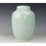 A Chinese celadon vase, the shouldered ovoid vase with an allover celadon glaze,