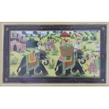 Persian School (20th century), Two gouches, Country scene with procession of elephants,