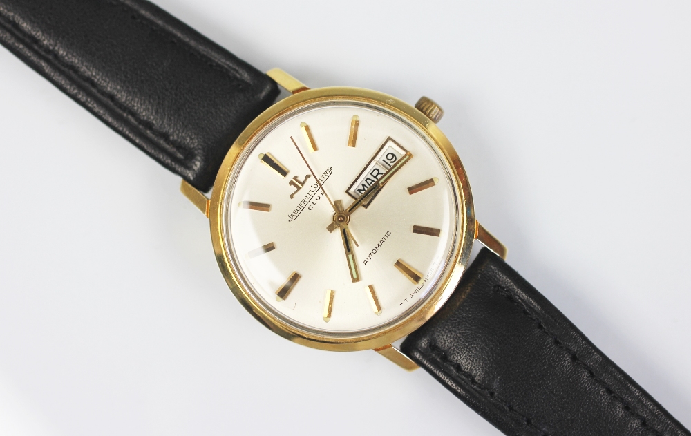 A gentlemans gold Jaeger Le Coultre Club wristwatch, automatic, the champagne dial with batons,