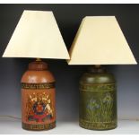 Two toleware lamps to include an armorial example, 78cm high,