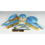 A blue enamelled silver dressing table set, Albert Carter, Birmingham 1932,