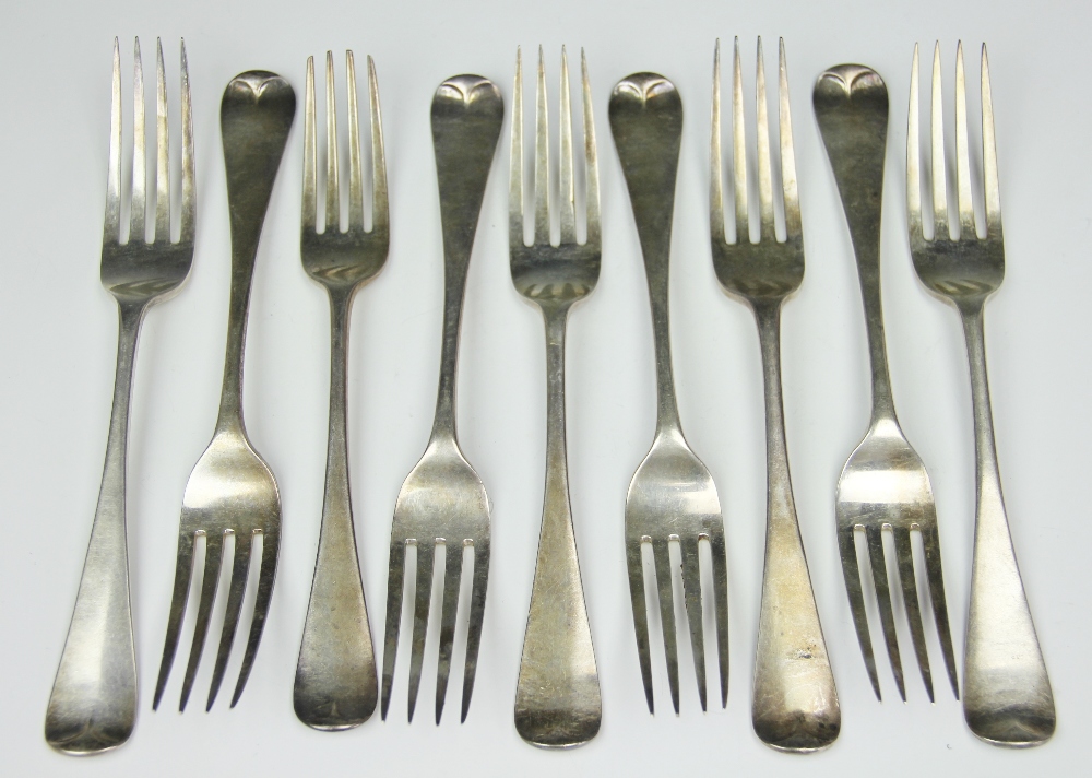 Eight Victorian silver Old English pattern forks, George Angel, London 1862 and 1863,