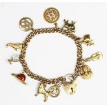A 9ct yellow gold solid curb link bracelet with attached charms, hung with eleven charms,