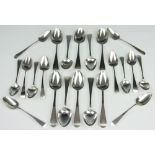 A set of six George III silver tea spoons, Batemans 1801, anther set of six similar, 1813,