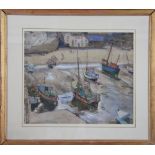 English School (20th century), Watercolour, Fishing boats at low tied in a harbour, 32.