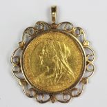 A Victorian gold sovereign dated 1901, within a 9ct yellow gold scrolling pendant mount,