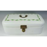 A vintage German enamel bread bin, decorated with a garland of green leaves,