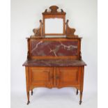 A late Victorian golden oak wash stand, with veined red marble back and top,