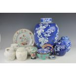 A selection of Chinese ceramics to include a large blue and white prunus decorated ginger jar and