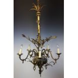 A 19th century gilt brass five light chandelier / ceiling light, modelled with mistletoe,