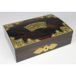 A 19th century brass mounted Coromandel wood box, the lid decorated with three gaming cards,