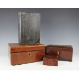 A selection of four boxes to include a 19th century rosewood tea caddy on four bun feet, 26cm wide,