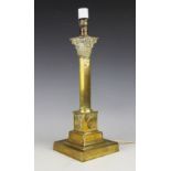 An Edwardian brass Corinthian column table lamp, on square base, 37cm to top of capital,