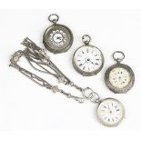 A selection of four ladys silver cased fob watches,