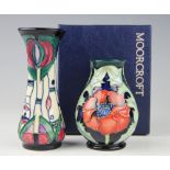 A Moorcroft Mackintosh vase 1996, of slender form, 13cm high, along with a Poppy pattern vase,