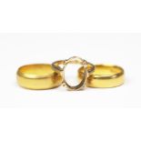 Two 22ct yellow gold wedding bands, gross weight 12.9gms and a ring setting stamped '9ct' weight 2.