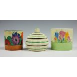 A selection of Clarice Cliff preserve pots, to include; a Gay Day pattern example 6.