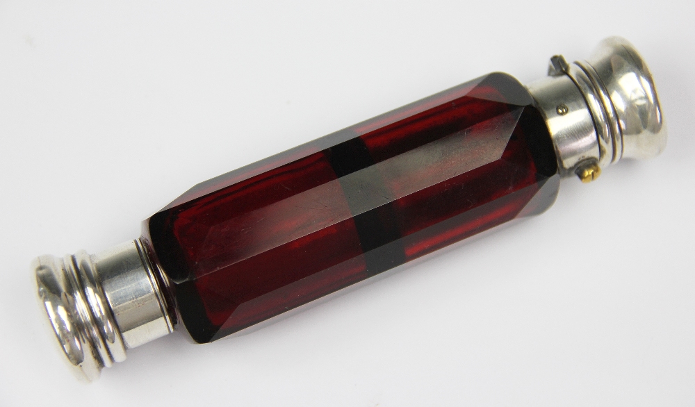 A Victorian double ended ruby glass and white metal mounted scent bottle, - Image 2 of 2