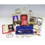 A tray containing assorted ephemera, to include; a brass box titled 'Naaman Holmes Tony Pandy 1890',