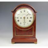 A late 19th century mahogany and brass inlaid fusee mantel clock, the enamel dial signed Desbois 10,