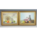 Charles Evison (20th century), Oil on panel, Still life of fruit, a mug and a plate on a shelf,