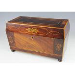 A George III mahogany and rosewood inlaid tea caddy,