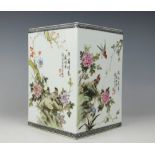 A Chinese porcelain Republic style square section brush pot, bitong,
