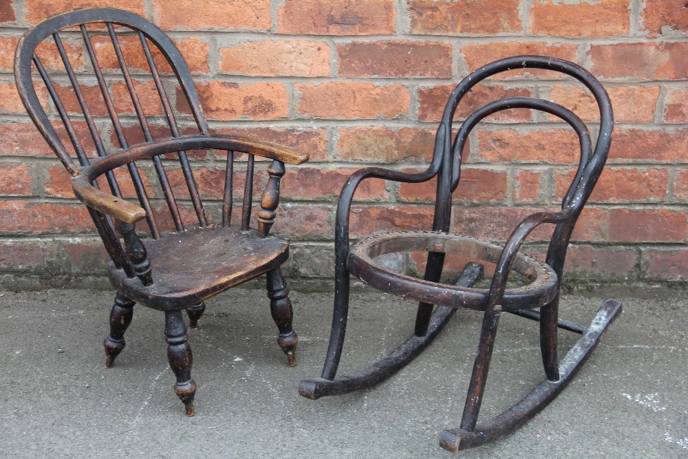 A 19th century ash and elm childs Windsor type chair, with a Thonet style childs rocking chair,