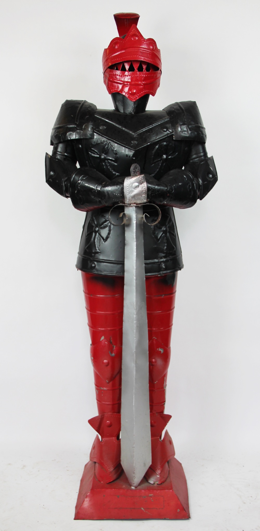 A painted metal suit of armour model / sentinel, on plinth base,