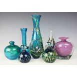 A selection of Mdina glass ware comprising, a slender turquoise and yellow specked ewer,