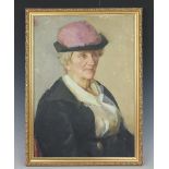 Frank Bryson (20th century), Oil on board, Portrait of an elderly lady in a pink hat, Initialled,