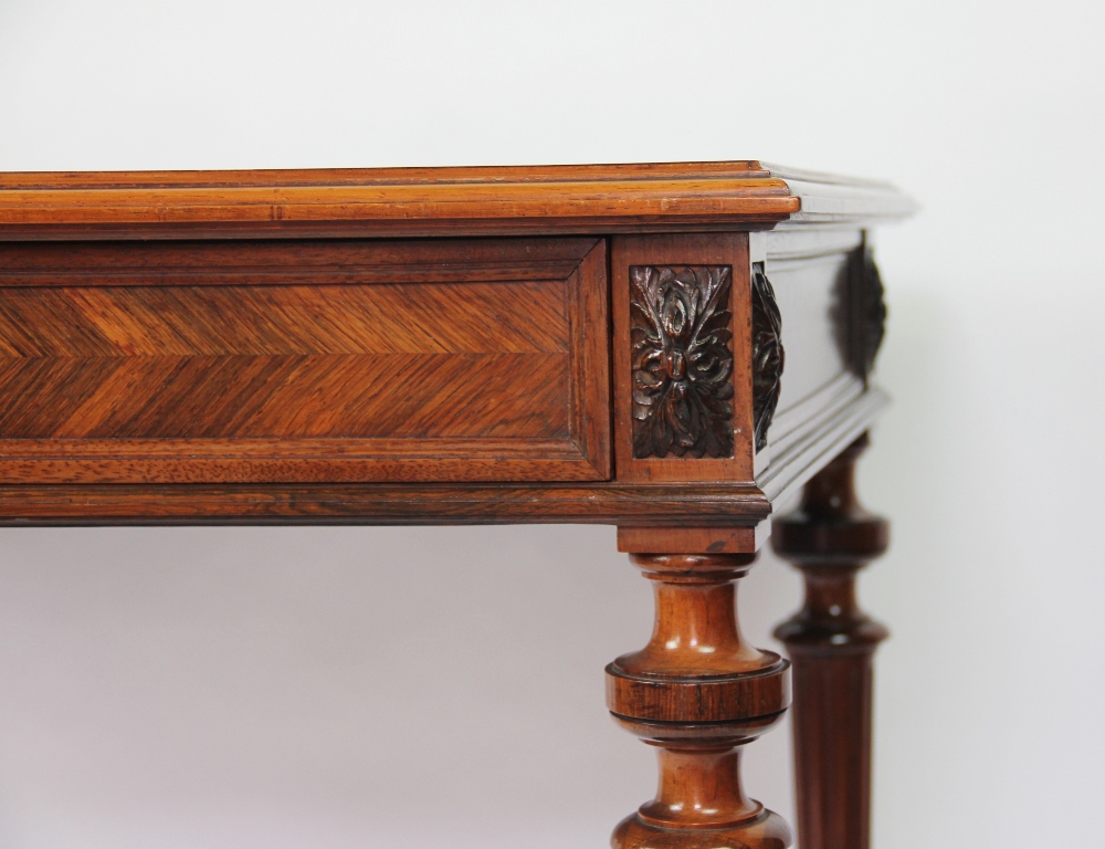A late 19th century French carved rosewood side table, with quarter veneered top over a drawer, - Bild 2 aus 3