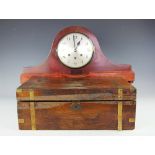 A Victorian brass bound walnut writing slope, 45cm long, with a mahogany eight day mantel clock,