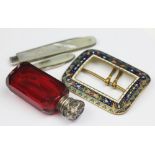 A Victorian ruby glass and white metal mounted scent bottle,